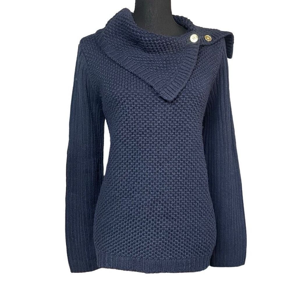 Jones New York Navy Buttoned Cowl Knit Sweater MI0203